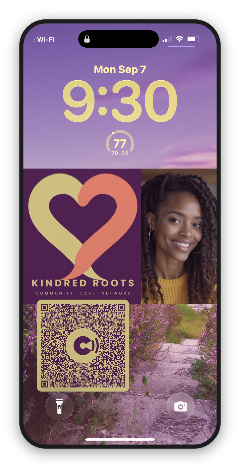 A ChromaCard shown on an iPhone Lock Screen: a logo, a photo, and a QR code holding the contact details.